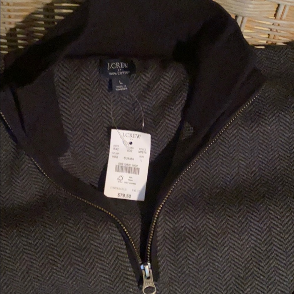 J Crew Large zip sweater black gray herringbone